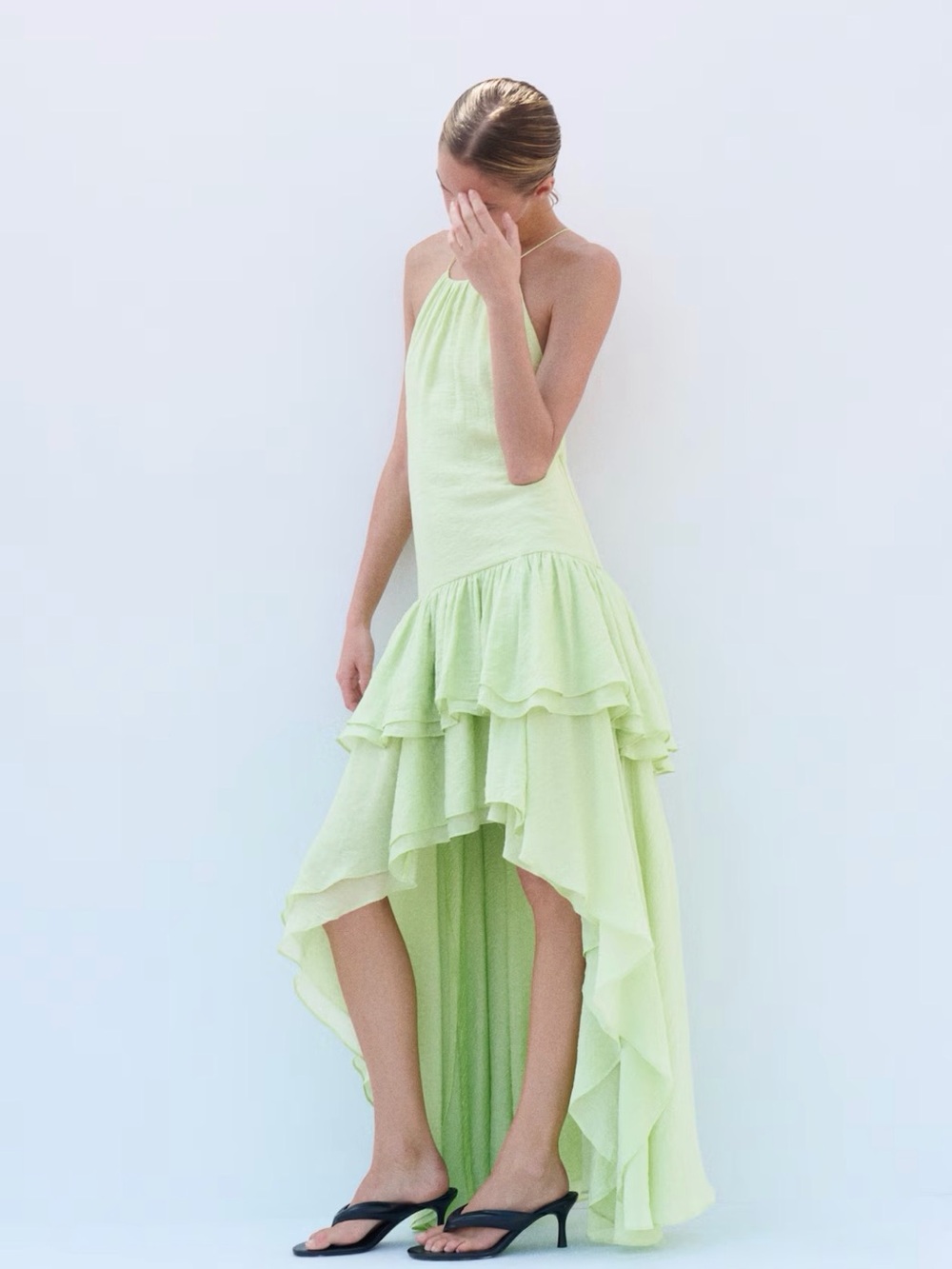 Light Green Halter Ruffle High-Low Dress NWT Sz Small ( runs big)
